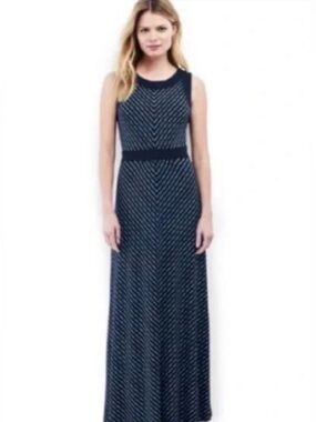 Lands' End Navy Maxi Dress with White Dot Chevron Pattern